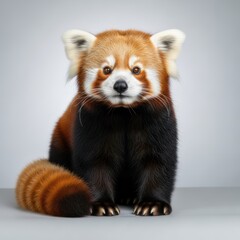 Fototapeta premium A red panda sitting on a white surface with a neutral expression, showcasing its distinctive fur pattern and bushy tail.