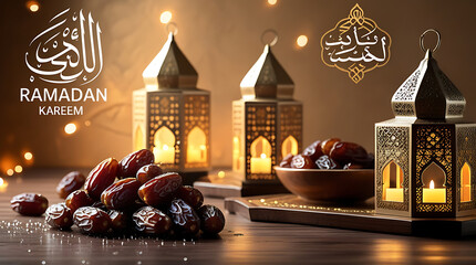 Wooden surface with a bowl of dates and decorative lanterns; soft bokeh lights; Arabic calligraphy in upper corners,  &ldquo;RAMADAN KAREEM.&rdquo;, 8K image