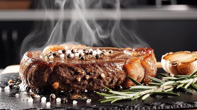Delicious Steaming Steak with Garlic and Rosemary, Culinary Art Presentation on Black Stone