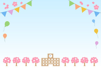 ガーランドと風船のある桜の季節の学校の背景素材　横