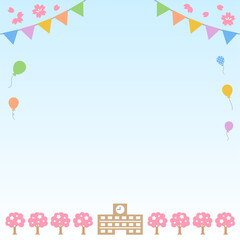 ガーランドと風船のある桜の季節の学校の背景素材　正方形