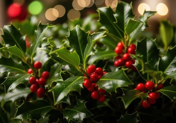 Obraz premium Vibrant red berries adorn glossy green holly leaves with festive bokeh lights