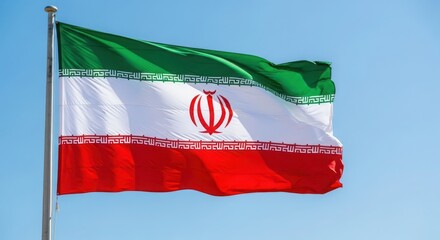 The flag of iran fluttering in a clear blue sky