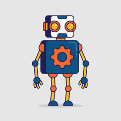 Cute cartoon robot illustration with a blue body and orange gear, featuring a white head and yellow limbs standing on a light background.