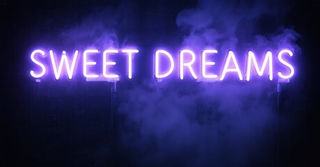 Obraz premium Bright purple neon sign displays Sweet Dreams. Smoke fills dark background creating moody atmosphere. Simple, modern aesthetic.