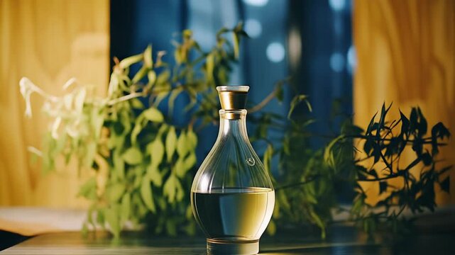 Clean glass carafe with a cork stopper holding a clear liquid, representing purity, natural health, and organic wellness against a peaceful, dark green botanical background
