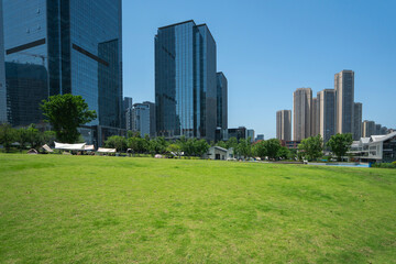 Parks and office buildings in the financial district