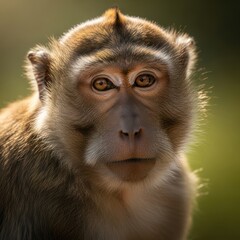 Obraz premium A close-up portrait of a monkey with a contemplative expression, set against a blurred green background.
