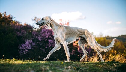 A slender, light-colored sighthound strides gracefully across a grassy field, with blossoming purple bushes and a soft sunset in the background