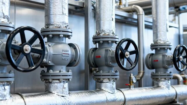 Medium shot of control valves regulating heat flow in a heat recovery loop optimizing energy capture from pasteurizer waste heat to prewarm milk in dairy production.