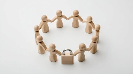 Obraz premium Wooden Human Figures Standing in Circle with a Lock Symbolizing Unity and Security in Community Relationships