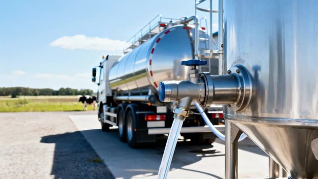 Medium shot of raw milk tanker truck connected to chilled stainless steel silo during a bright sunny day showcasing hygienic dairy processing environment.