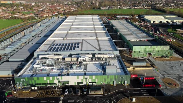 Aerial Drone View of a Massive Data Center Under Construction in Waltham Cross United Kingdom for Future AI and Quantum Computing Infrastructure Hub