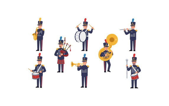 Diverse Marching Band Members Playing Various Musical Instruments.