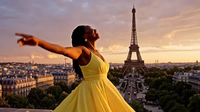Joyful woman in yellow dress dancing on rooftop with Eiffel Tower sunset backdrop