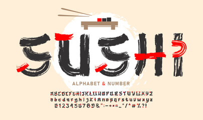 Handwritten Latin Alphabet in Traditional Japanese Ink Style - Brush Font with Calligraphic Letters, Numbers and Symbols. © Pro_Vector