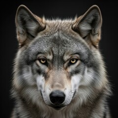 A close-up portrait of a wolf with intense eyes and a focused expression, set against a dark background.