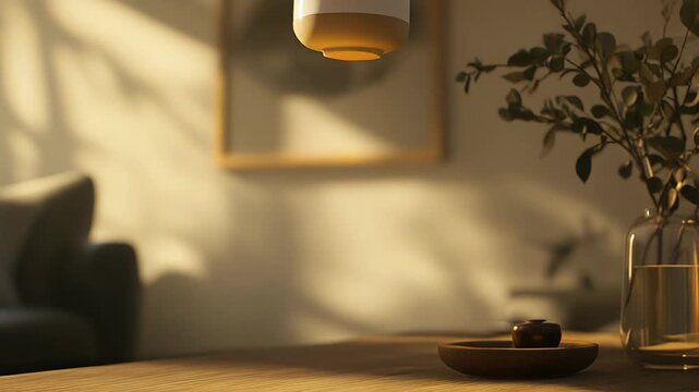 Essential oil diffuser releasing a gentle mist on a wooden table, enhancing a peaceful and cozy living room interior bathed in soft warm sunlight and long shadows