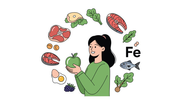 Young woman surrounded by a circle of iron-rich foods like meat, fish, and spinach to prevent iron deficiency and anemia.