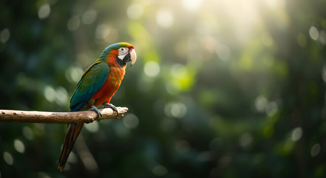 Colorful macaw perched on branch in rainforest. Vibrant tropical bird in natural habitat. Wildlife photography and nature conservation concept.