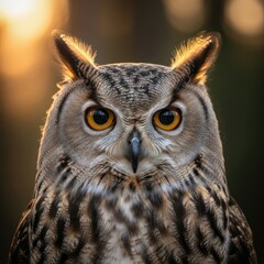 Obraz premium A close-up portrait of a Great Horned Owl with golden eyes, set against a blurred natural backdrop during sunset.