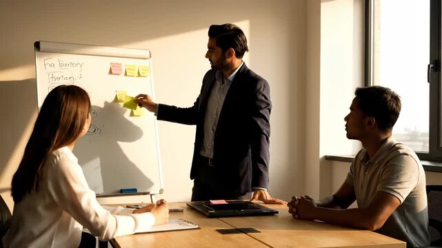 man and woman in office meeting. presentation at whiteboard with business chart. colleague discussion around table. team collaboration during project planning and decision making. stakeholder input.