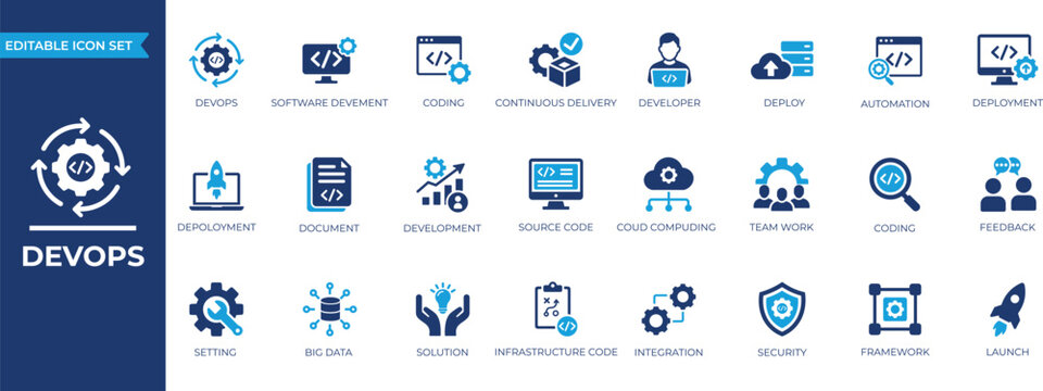 DevOps icon set for cloud automation, CI/CD pipeline, software development workflow, infrastructure engineering, and server deployment. Solid icon collection.