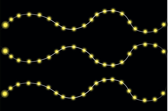 Three glowing yellow string lights creating a wavy pattern on a dark background and night any perty backdrop light background