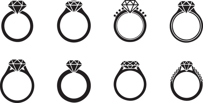 Collection of diamond engagement ring icons in black and white