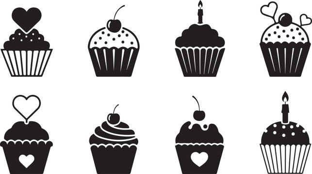 Various stylized cupcakes with heart and cherry decorations