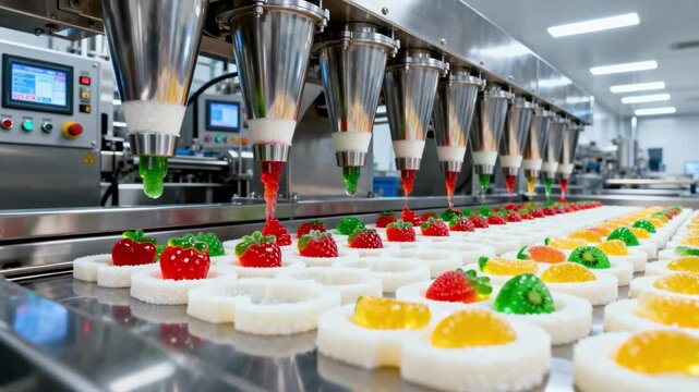 Medium shot of automated multihead depositors precisely filling starch molds with colorful fruitshaped gummy candy gel mass in a clean modern confectionery production line.