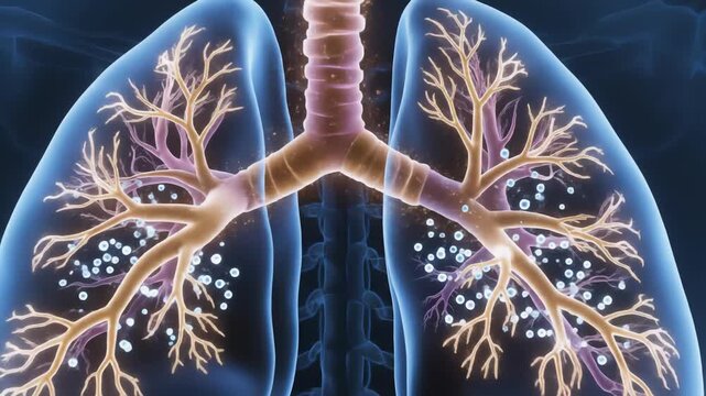 A close-up, transparent 3D rendering of the human respiratory system highlighting the bronchi within the lungs, illuminated by glowing energy particles against a dark background.