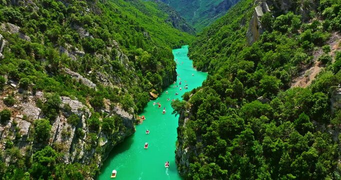 Aerial view of Gorges Du Verdon and Galetas Bridge, Magnificent Nature. Aerial journey above Verdon Gorge, where rugged mountains meet the emerald river below