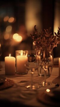 Warm and intimate candlelit dinner setting with glowing candles and elegant table decor.