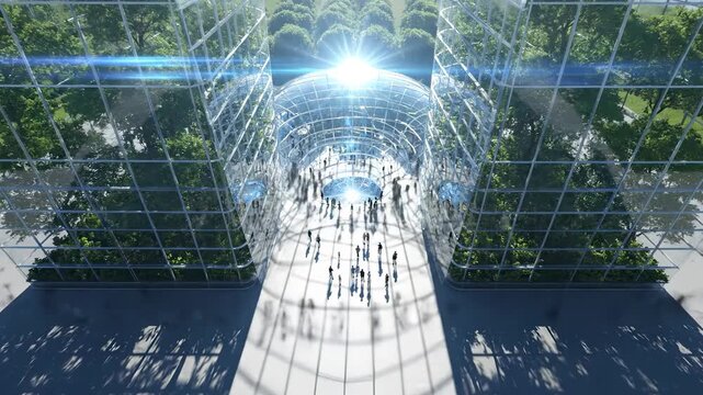 Urban plaza with pedestrian and crowd moving through architecture atrium. Canopy shelters glass plant clusters along walkway. Then shadow pattern meets sunlight and forms reflection on floor.