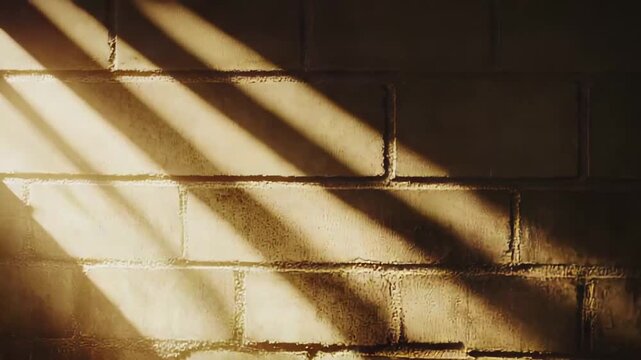 Sunlight streams through an unseen opening, creating distinct, parallel shadow stripes across a light colored brick wall, highlighting its rough texture and creating a warm, moody atmosphere