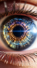 Close-up of human eye with glowing digital iris. Futuristic cybernetic vision featuring intricate light patterns and vibrant colors. Technology and innovation concept for sci-fi digital art and