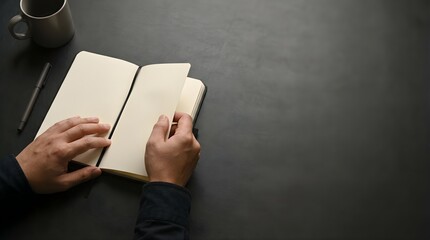 Naklejka premium A person holding an open notebook with a pen in their hand on a dark table beside a cup of coffee from a top-down view