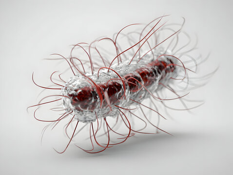 Realistic 3D Rendering of Bacillus Bacteria with Flagella on Light Background