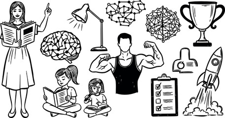 Obraz premium Black and white vector art of teacher explaining book to students with rocket launch trophy brain and checklist symbols