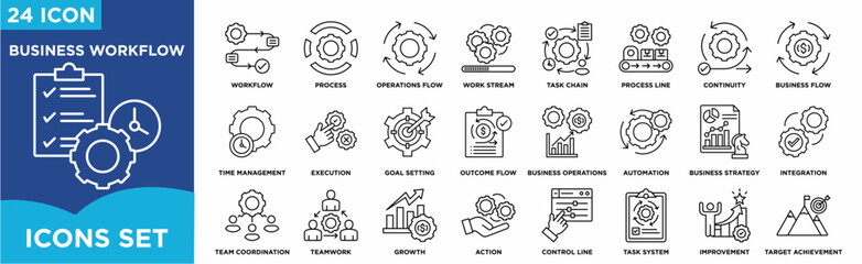 Business Workflow icon set illustrating featuring process flow, task chain, automation, operations flow, integration, execution  for management and corporate projects.