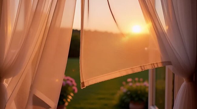 Peaceful white tulle curtains blowing in wind open window overlooking a blooming garden during a golden sunset, creating a cozy and fresh summer atmosphere