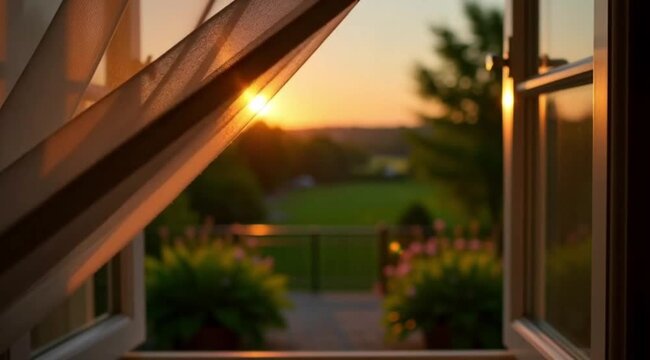 Romantic golden hour view with white tulle curtains blowing in wind open window of a wooden balcony overlooking a green summer garden