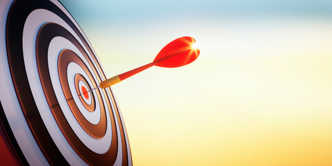 Close up shot of red dart arrow hit on bullseye of dartboard in bright sunlight - 3D illustration	
