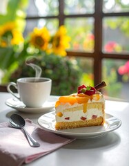 A slice of cake with fruit garnish and a steaming cup of coffee next to a window. Sunlight illuminates the table