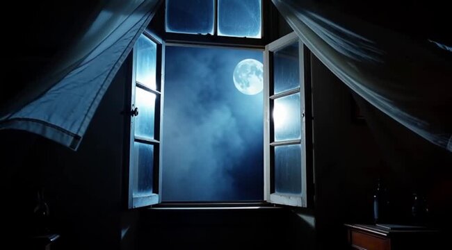 Atmospheric view of white tulle curtains blowing in wind open window at night, revealing a bright full moon and clouds, creating a mysterious cinematic mood