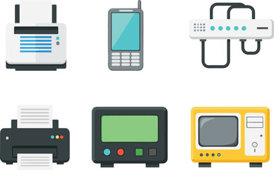 Collection of Electronic and Networking Gadget Icons Featuring Printers, Mobile Phone, Router, and TelevisionCollection of Electronic and Networking Gadget Icons Featuring Printers, Mobile Phone, Rout