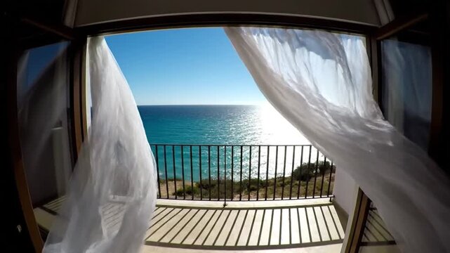 Scenic view through white tulle curtains blowing in wind open window of a balcony overlooking the bright blue sea on a sunny summer day