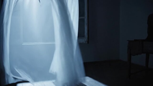 Atmospheric view of white tulle curtains blowing in wind open window at night, illuminated by cold moonlight casting shadows in a dark mysterious room

