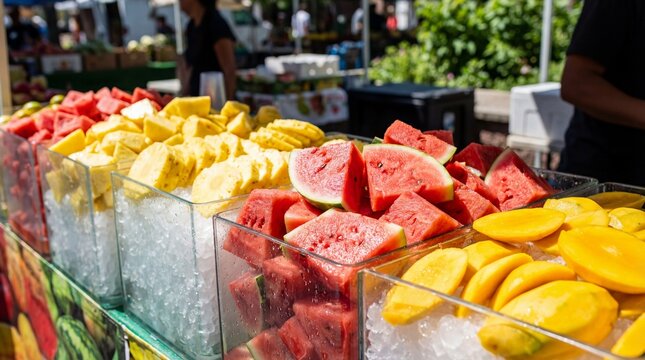 A vibrant outdoor market display featuring an array of refreshing, colorful, fresh-cut fruit, ready to tantalize customers.  